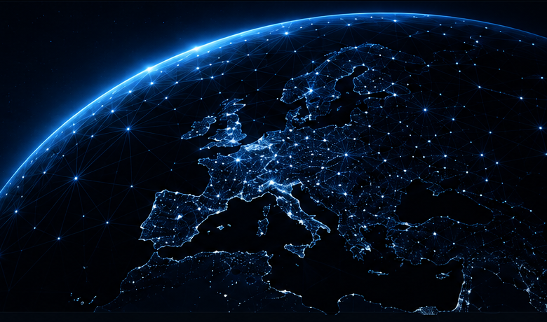 Perspektivischer Ausschnitt einer digitalen Erdkugel mit Fokus auf Europa